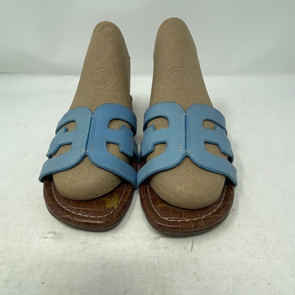 Sam Edelman Bay Womens Size 8 Blue Slide Sandals leather Cut-Out Croc Embossed